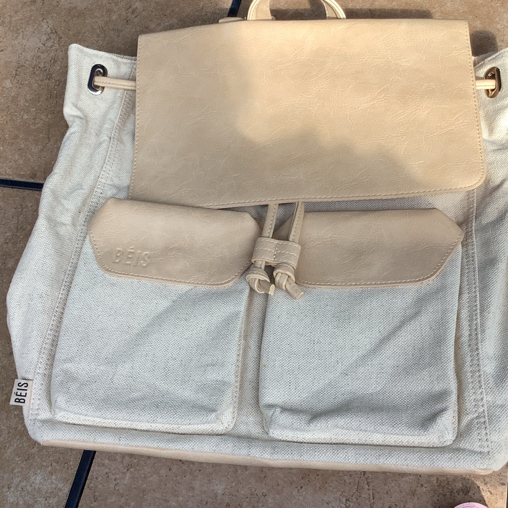 BEIS Cream and Tan Canvas Drawstring Backpack